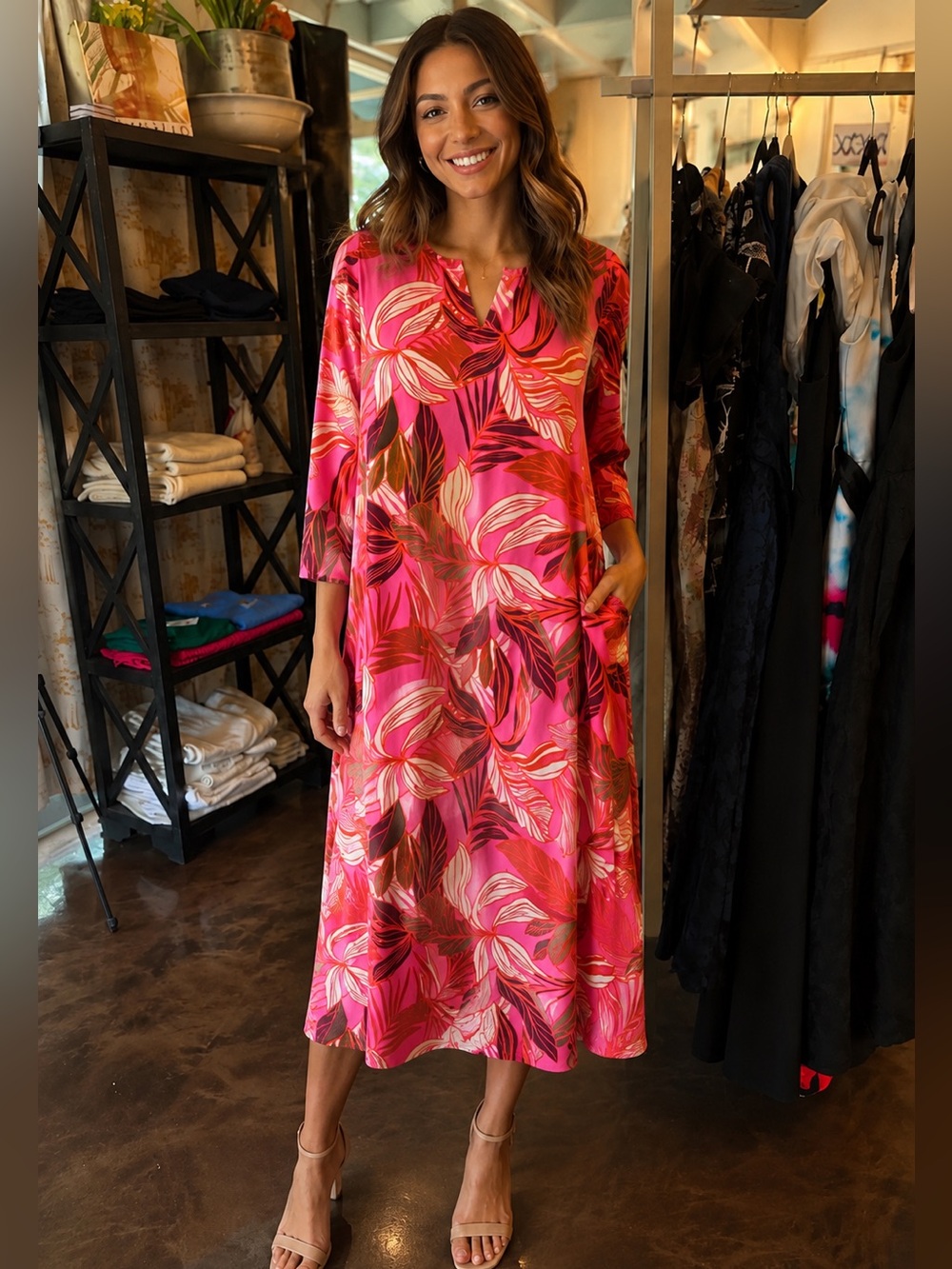 La Mer Luxe pink Tropical Leaf Print Midi Caftan Dress NWT